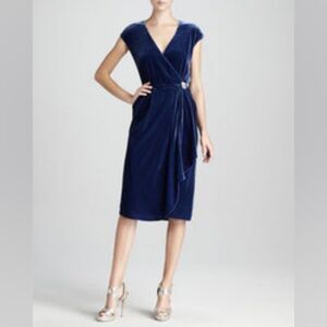Magaschoni Blue Velvet Draped‎ Silk Dress - Size 14, Luxurious Evening Elegance